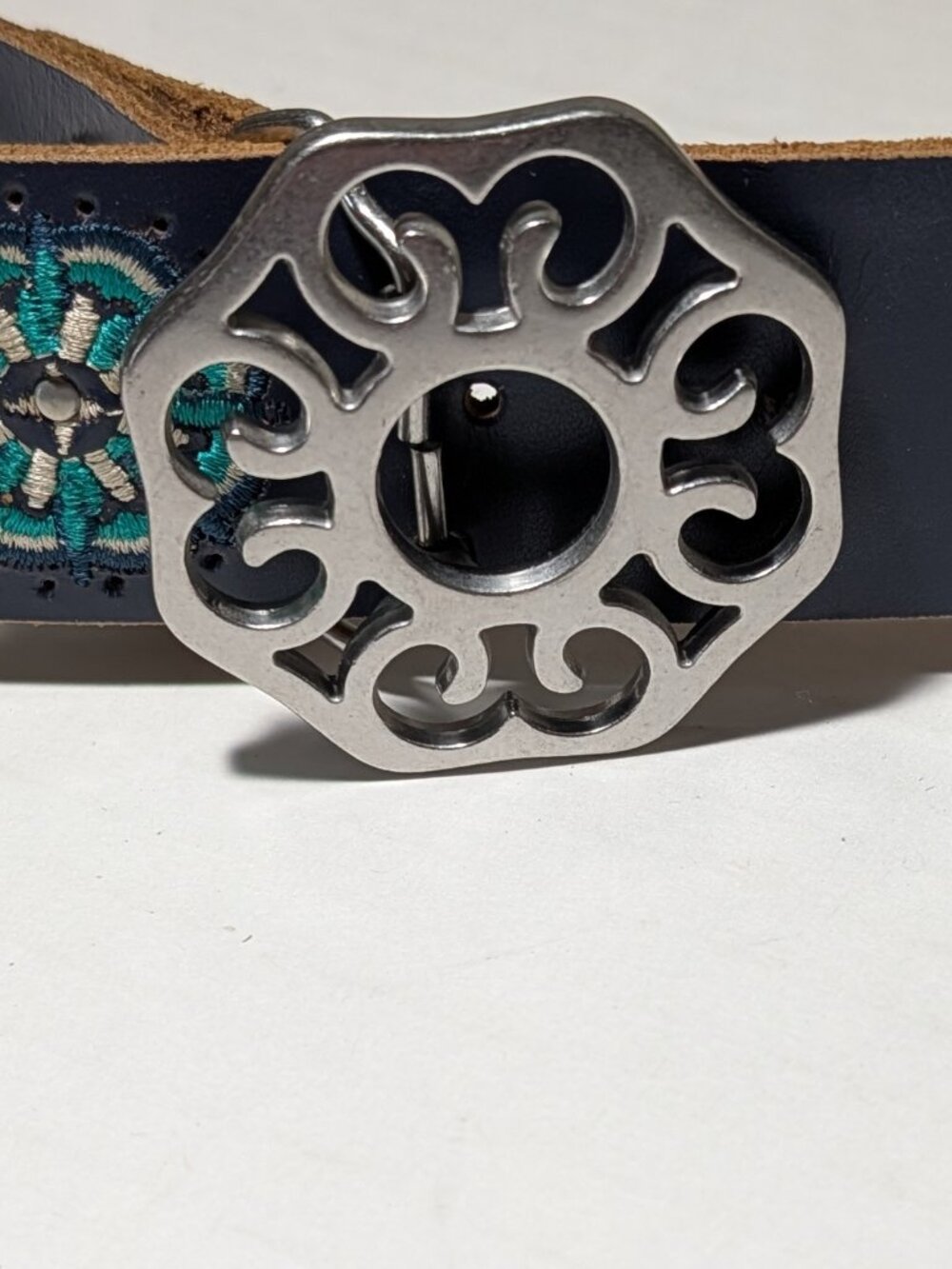 Lucky Brand Leather Embroidered Floral Belt Western Dark Blue - Picture 4 of 6